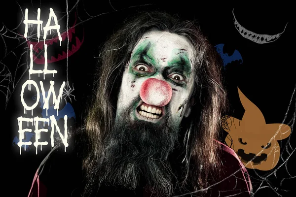 Skrämmande Clown Framför Svart Bakgrund Med Pumpa Och Tänder Text — Stockfoto
