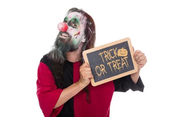 Scary Clown Holding Sign Text Trick Treat Isolated White Concept — Stock Photo, Image