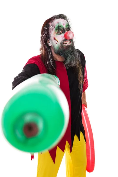 Costume Halloween Clown Raccapricciante Con Palloncini Isolato Bianco Con Copyspace — Foto Stock