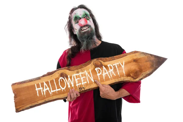 Gruselclown Mit Einem Holzschild Mit Text Halloween Party Isoliert Auf — Stockfoto