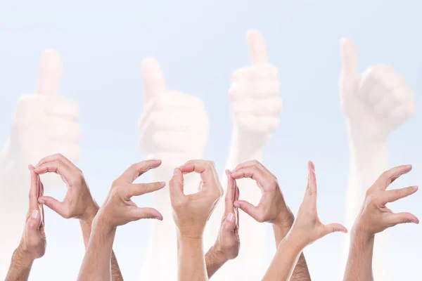 Word People Front Hands Holding Thumbs — Stock Photo, Image