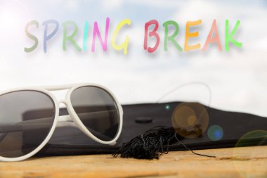 Havan topu, güneş gözlüğü ve bahar tatili kelimesiyle güneşli bir arka plan.