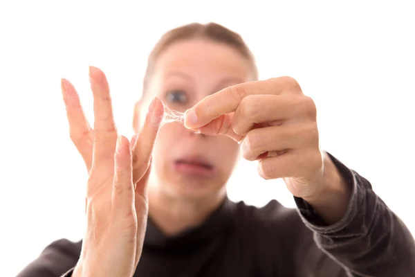 Mulher Mostra Suas Mãos Pegajosas Com Dedos Cobwebby Isolado Branco — Fotografia de Stock