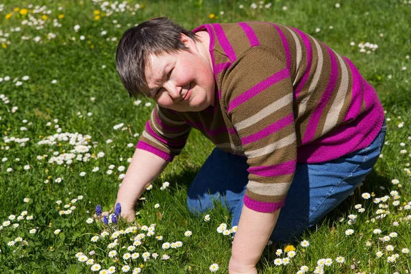 Mentally Disabled Woman Meadow — Stock Photo, Image