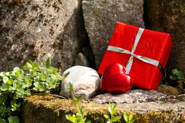 Close Rockery Red Heart Gift — Stock Photo, Image
