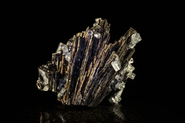 Černý Turmalín Akvamarínový Krystal Před Černou — Stock fotografie