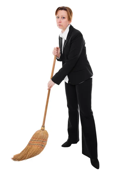Businesswoman Broom Cleaning Ground — Stock Photo, Image