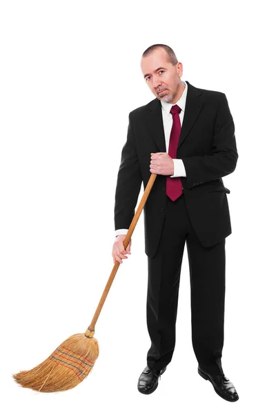 Homem Negócios Com Uma Vassoura Está Limpando Chão — Fotografia de Stock