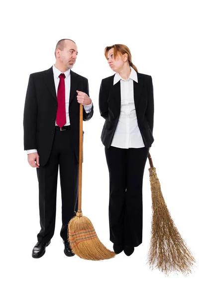 Group Business People Brooms Making Inappropriate Working — Stock Photo, Image