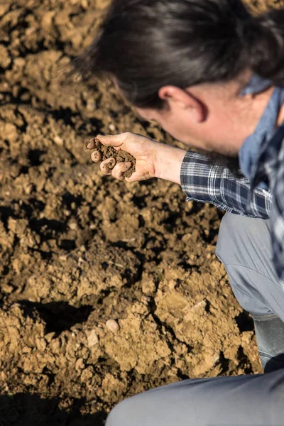 Farmer Checking Soil His Arable Land His Hand — Stock Photo, Image