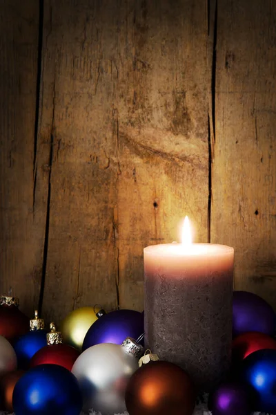 Postcard Christmas Decoration Balls Candle — Stock Photo, Image