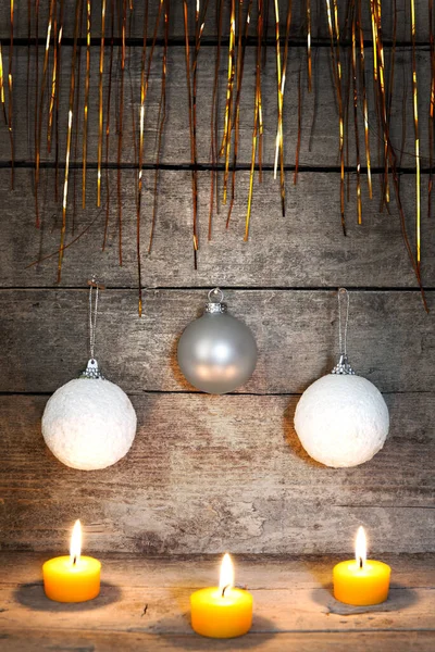 Decorative Christmas Background Balls Candles Tinsel — Stock Photo, Image