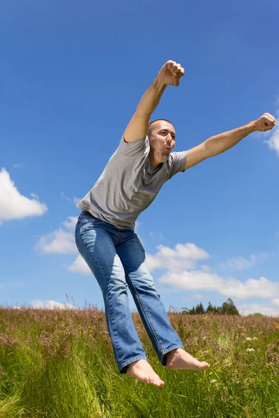 Active Adult Jumping Front Blue Sky — Stock Photo, Image