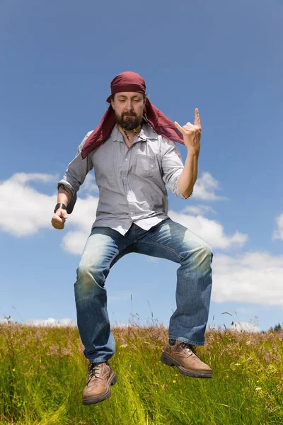 Man Bandana Forms Devils Hand — Stock Photo, Image