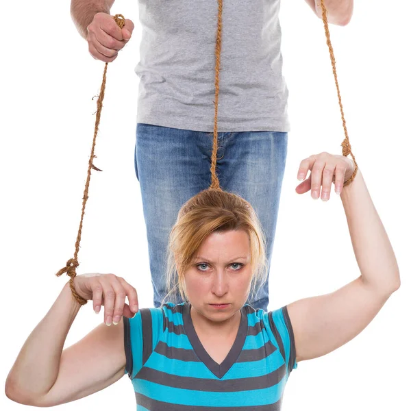 Woman Seems Controlled Headless Man — Stock Photo, Image