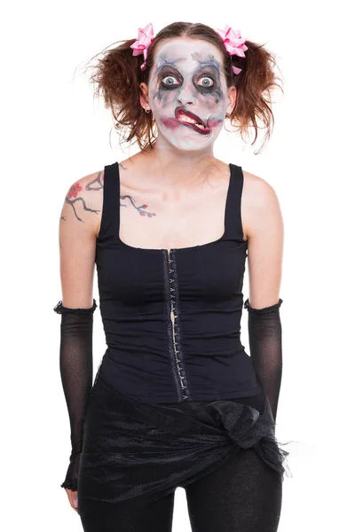 Creepy Funny Girl Scary Makeup Looks Viewer — Stock Photo, Image