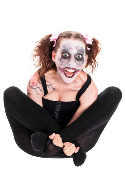 Божевільний Жіночий Клоун Перед Білим Поглядом Глядача — стокове фото
