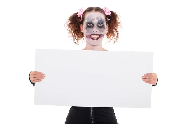Insane Smiling Female Clown Empty Sign — Stock Photo, Image
