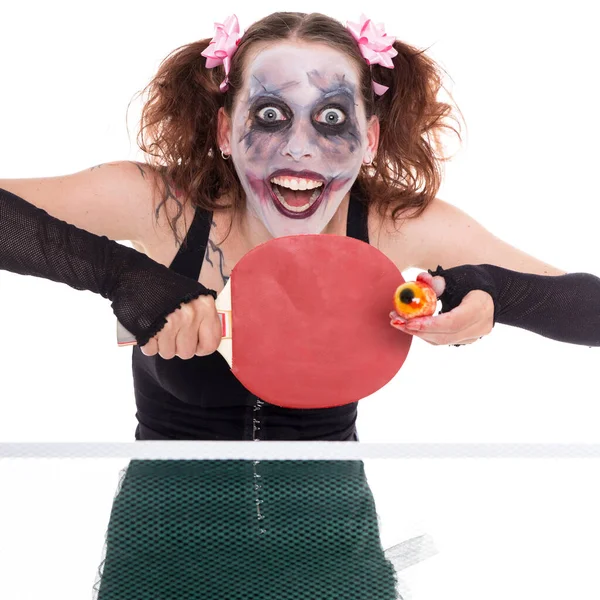 Miedo Payaso Hembra Está Jugando Ping Pong Con Ojo — Foto de Stock