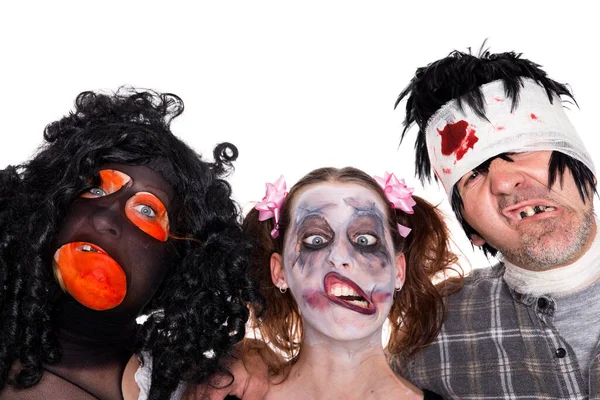 Три Лица Страшных Существ Хэллоуина Изолированных Белом — стоковое фото