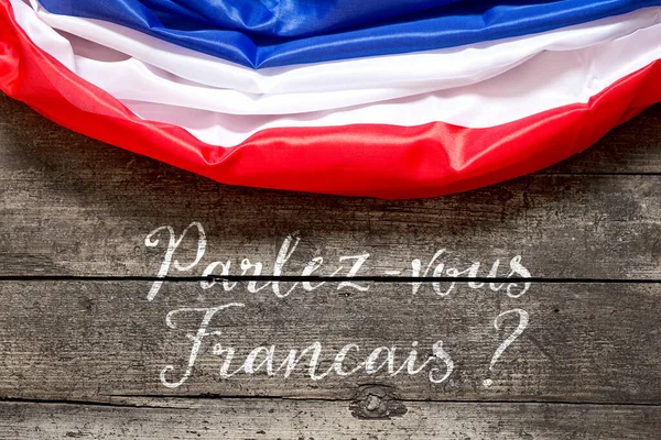 Флаг Франции Деревянном Фоне Французским Текстом Концептуальным Языком Коммуникацией — стоковое фото