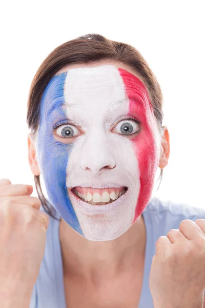 Heureuse Femme Française Fan Est Acclamant Isolé Sur Blanc — Photo