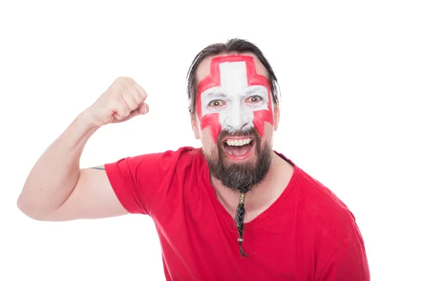 Мужчина Швейцарский Футбольный Фанат Выглядит Счастливым Изолированным Белом — стоковое фото