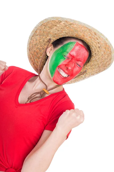 Futebol Pintado Português Feminino Está Parecendo Feliz Isolado Branco — Fotografia de Stock