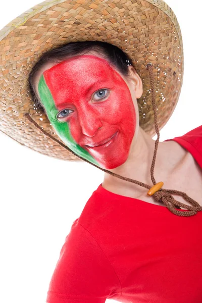 Feminino Muito Português Pintado Torcedor Futebol Está Parecendo Feliz Isolado — Fotografia de Stock