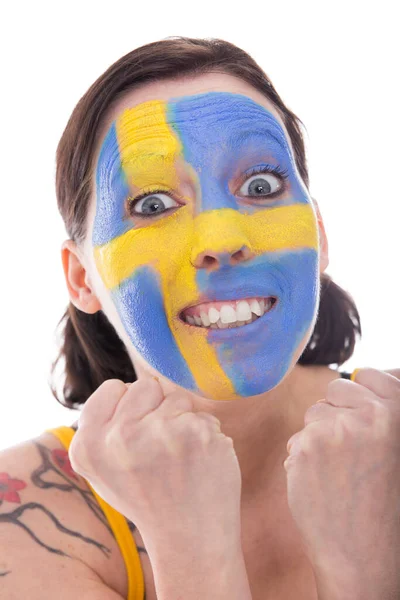 Pretty Female Fan Sweden Cheerfully Isolated White — Stock Photo, Image