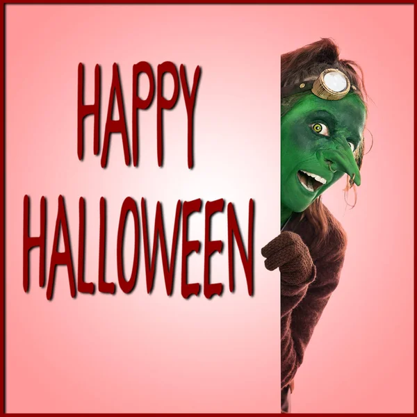 Felice Halloween Goblin Verde Guardando Attraverso Sfondo Rosso — Foto Stock