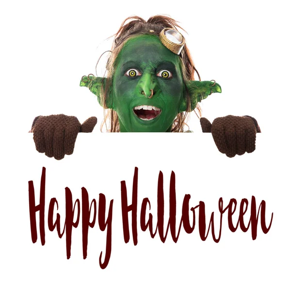 Ridendo Goblin Verde Guardando Attraverso Testo Felice Halloween Isolato Bianco — Foto Stock