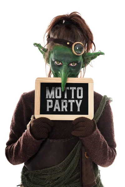 Green Goblin Mengadakan Pesta Slat Dengan Moto Teks Jerman Yang — Stok Foto