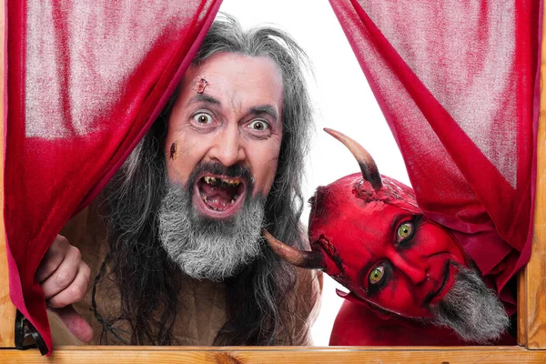 Two People Dressed Carnival Devil Insane Man — Stock Photo, Image