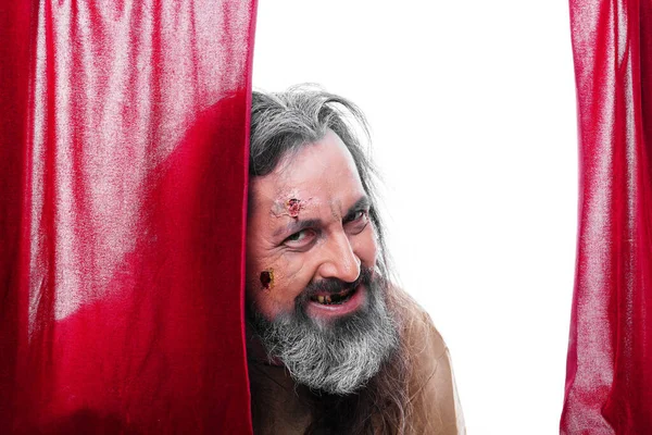 Scary Looking Man Red Curtain — Stock Photo, Image
