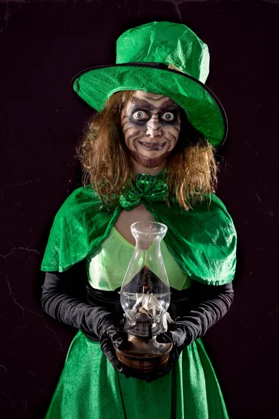 Leprechaun Girl Portable Light Black Background Concept Packtricks Day Ireland — Stock Photo, Image