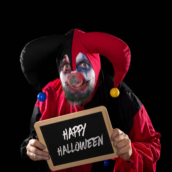 Madly Jester Holding Slate Text Happy Halloween Black Background — Stock Photo, Image