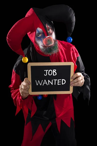 Sadly Clown Holding Slate Text Job Wanted Concept Unemployed Job — Stock Photo, Image