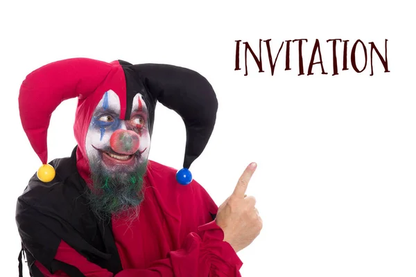 Creepy Clown Showing Text Invitation Isolated White — Stock Photo, Image