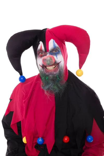 一个被白色隔离的邪恶小丑的画像 万圣节的概念 — 图库照片