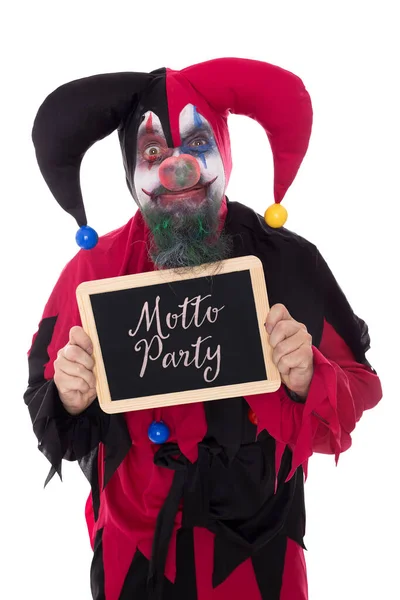 Madly Clown Holding Slate German Text Themeparty Isolated White — Stock Photo, Image