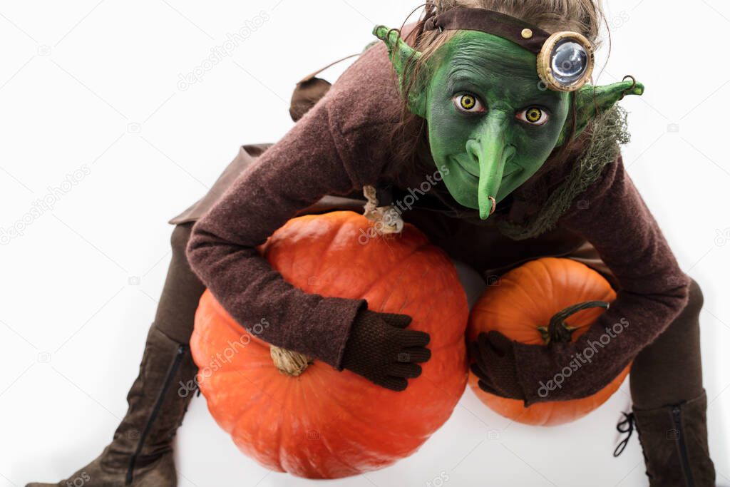 Goblin with pumpkins, freaky halloween costume