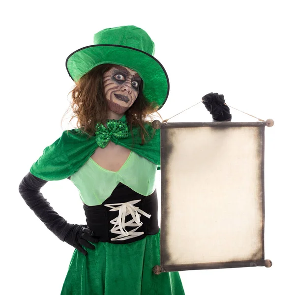 Funny Goblin Girl Holding Scroll Copyspace Isolated White — Stock Photo, Image