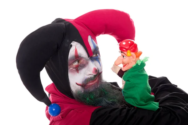 a Jester with a hand puppet, isolated on white