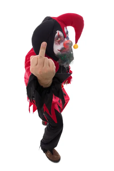 Ein Böser Clown Mit Einem Schlag Den Vogel Isoliert Auf — Stockfoto