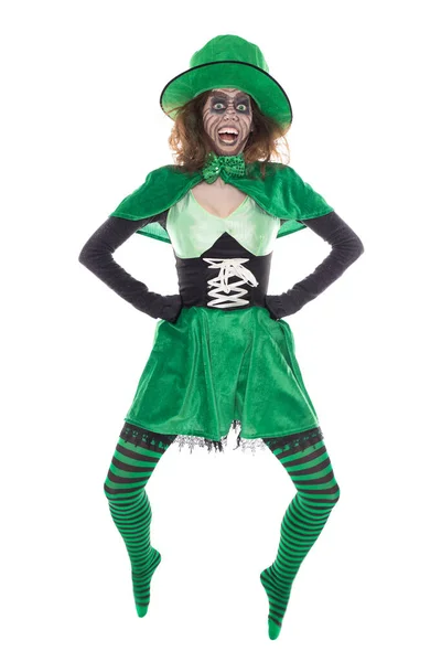 Funny Jumping Leprechaun Girl Isolated White Concept Patricks Day — Stock Photo, Image