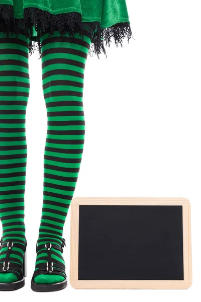 Green Black Striped Legs Witch Goblin Slate Copyspace Isolated White — Stock Photo, Image