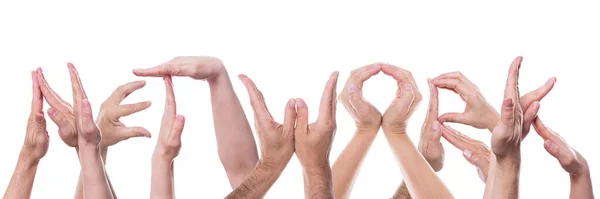 Rede Palavras Construída Com Muitas Mãos Isoladas Frente Branco — Fotografia de Stock