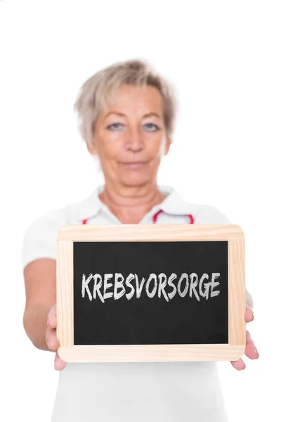 Verpleegster Met Boord Duits Woord Krebsvorsorge Wat Kankerpreventie Betekent — Stockfoto