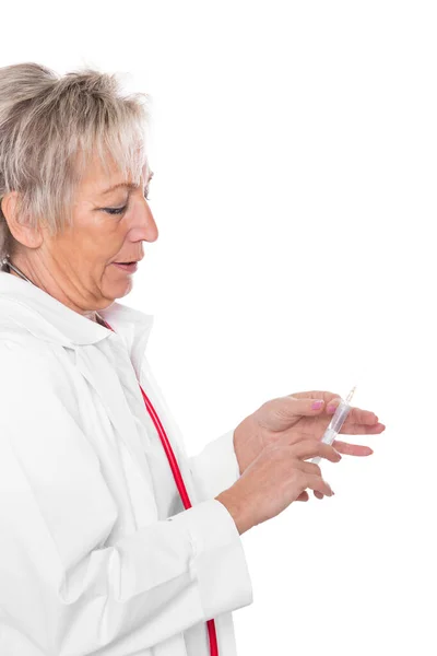Aged Female Doctor Syringe Isolated Front White — Stock Photo, Image